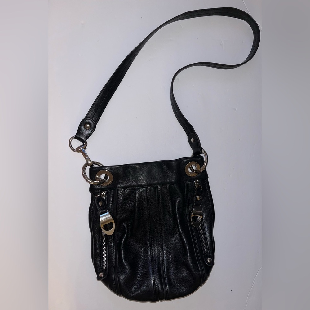 b. makowsky Black Leather Crossbody Bag with Silver Hardware